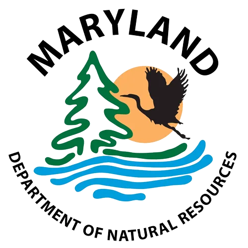 Maryland Department of Natural Resources logo with a tree, heron, sun, and blue water.